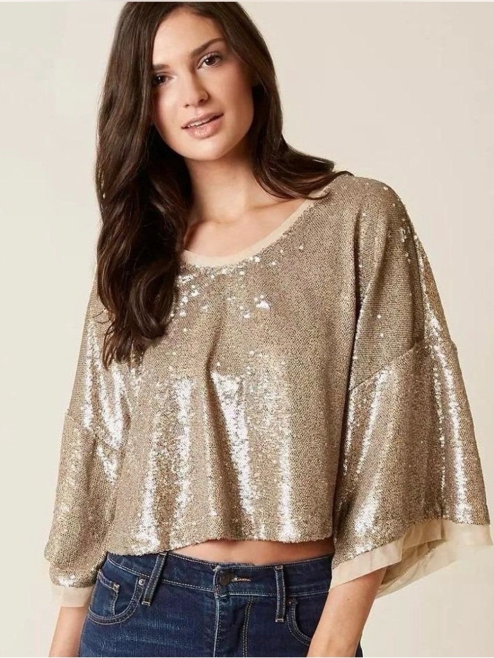 FREE PEOPLE Champagne Dreams Sequin Boxy Tee Size M